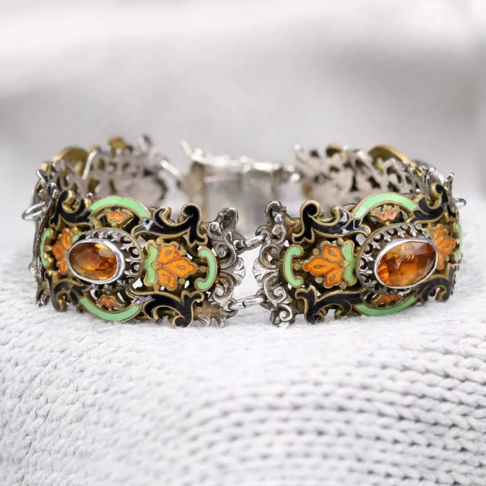 Bracelet ancien argent émail et citrines