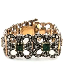 Bracelet ancien en or jaune et argent avec émeraudes et diamants