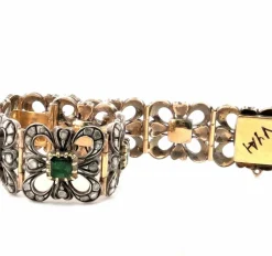 Bracelet ancien en or jaune et argent avec émeraudes et diamants