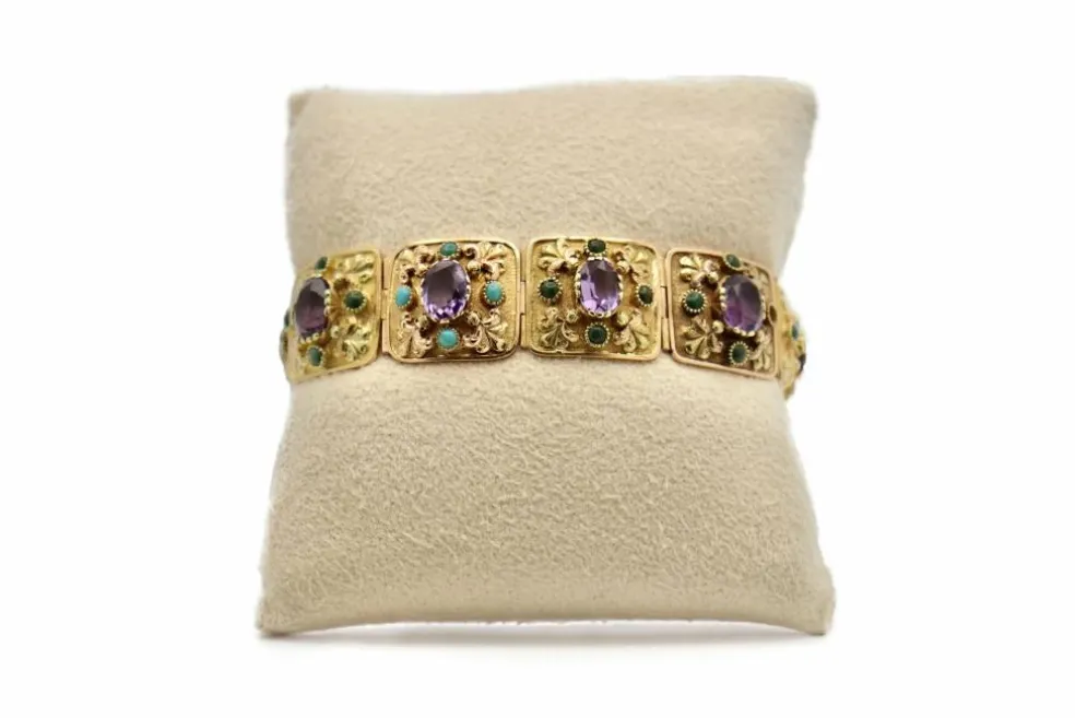 Bracelet ancien Or jaune Améthystes Turquoises