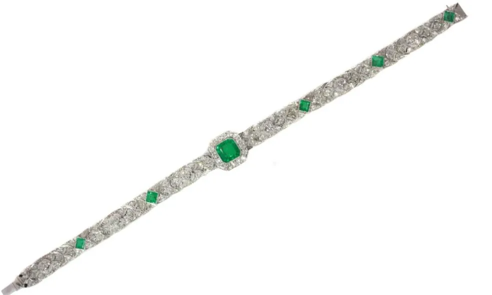 Bracelet Art Déco, diamants, émeraudes