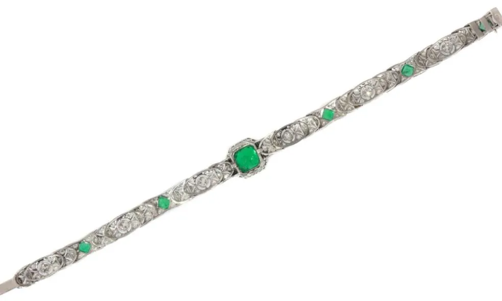 Bracelet Art Déco, diamants, émeraudes