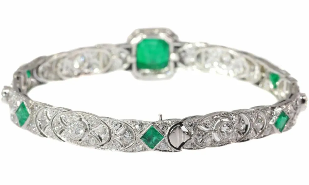 Bracelet Art Déco, diamants, émeraudes