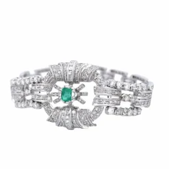 Bracelet Art Déco Platine Émeraude Diamants