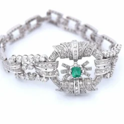 Bracelet Art Déco Platine Émeraude Diamants
