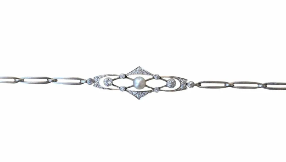 Bracelet Art Deco Perle Fine et Diamants sur Platine