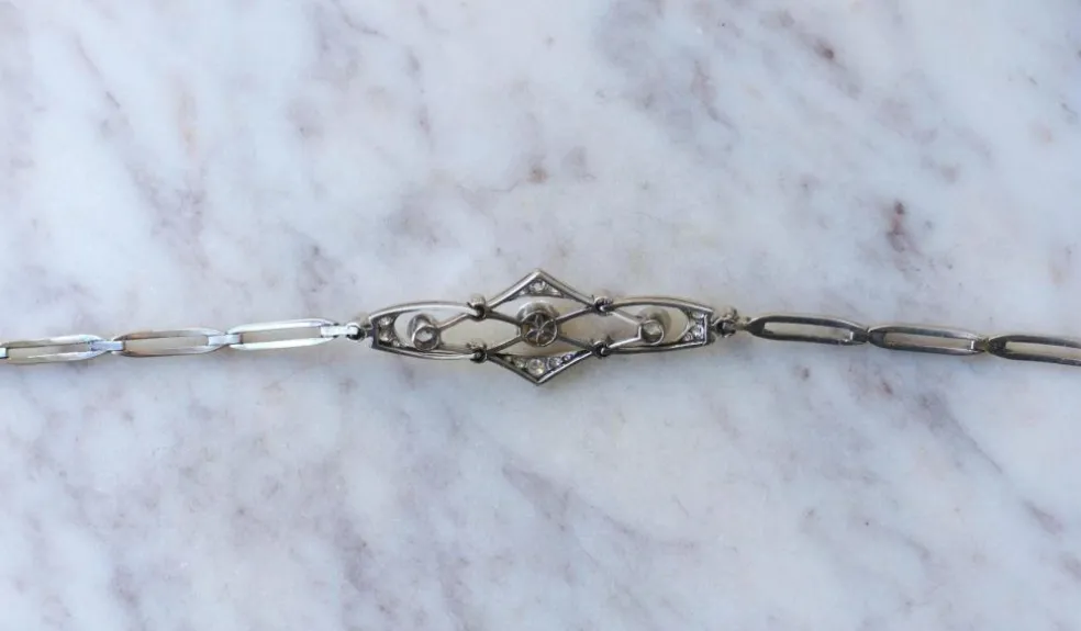 Bracelet Art Deco Perle Fine et Diamants sur Platine