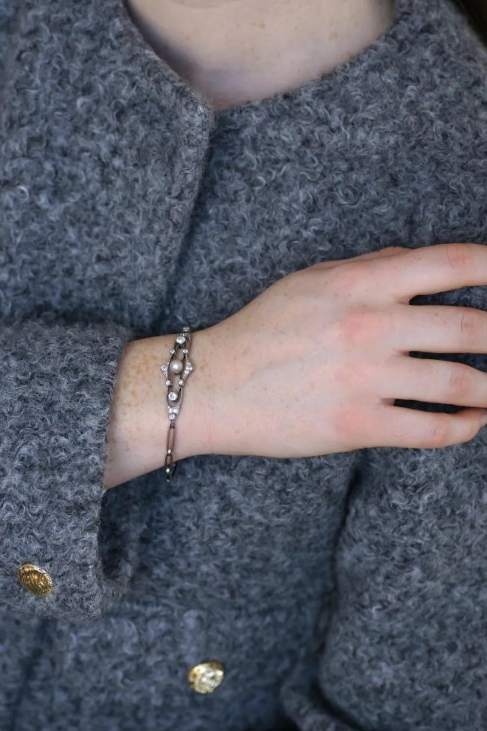 Bracelet Art Deco Perle Fine et Diamants sur Platine