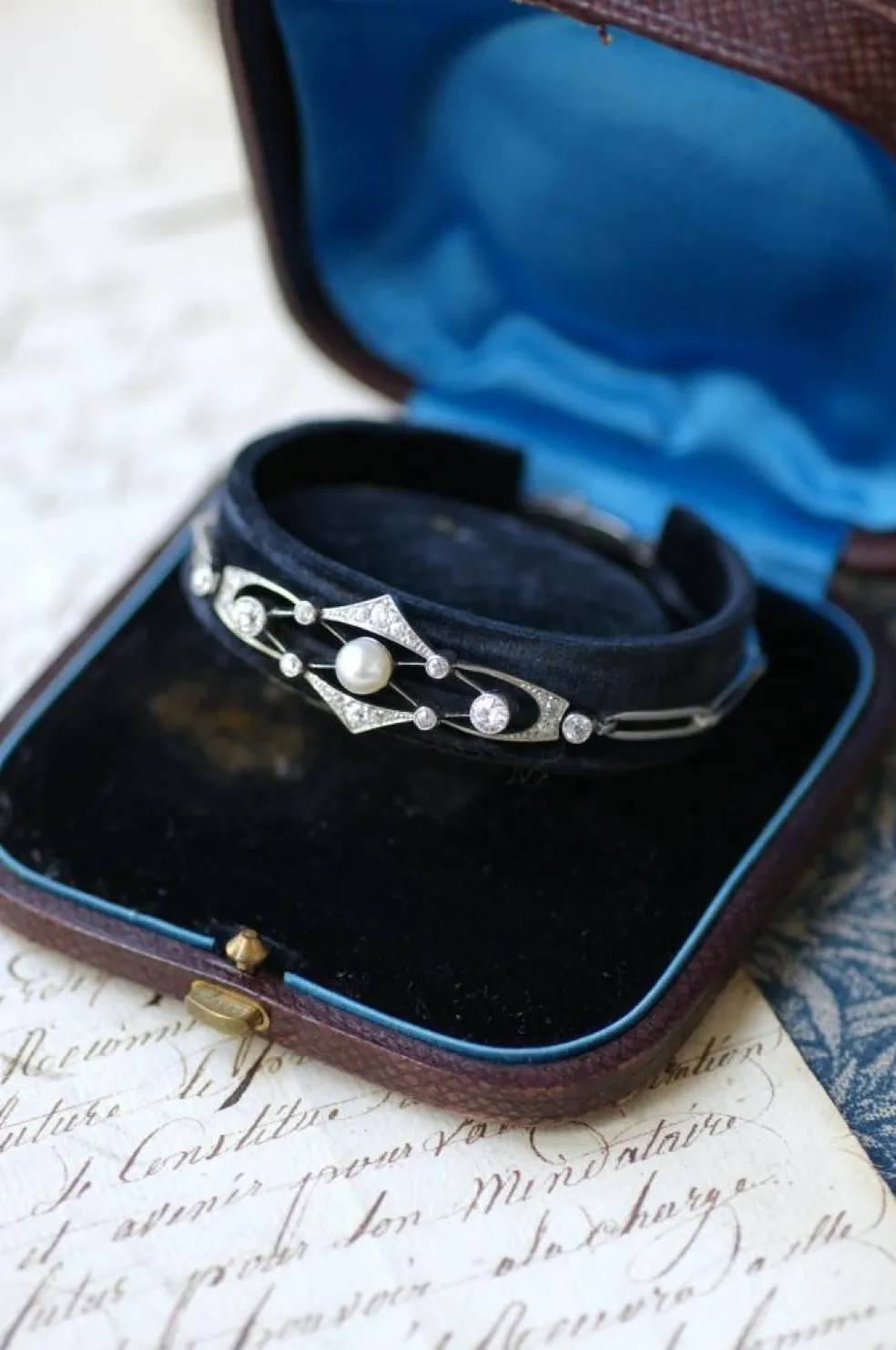 Bracelet Art Deco Perle Fine et Diamants sur Platine