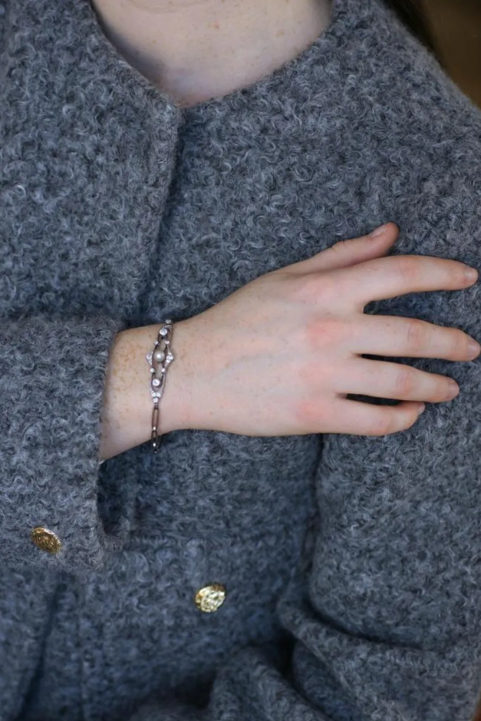 Bracelet Art Deco Perle Fine et Diamants sur Platine