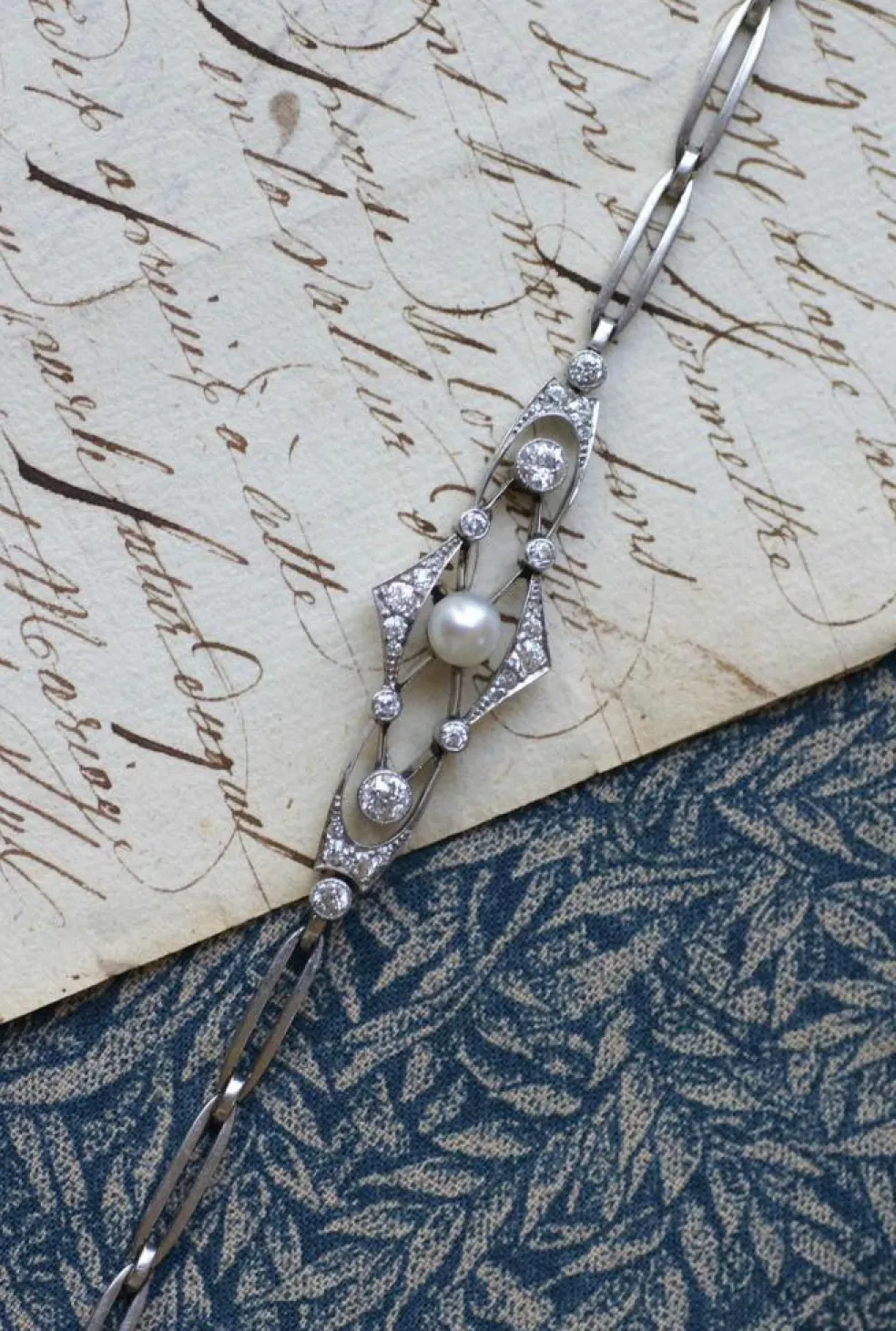 Bracelet Art Deco Perle Fine et Diamants sur Platine