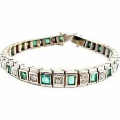 Bracelet Art-déco Or blanc Diamants Emeraudes