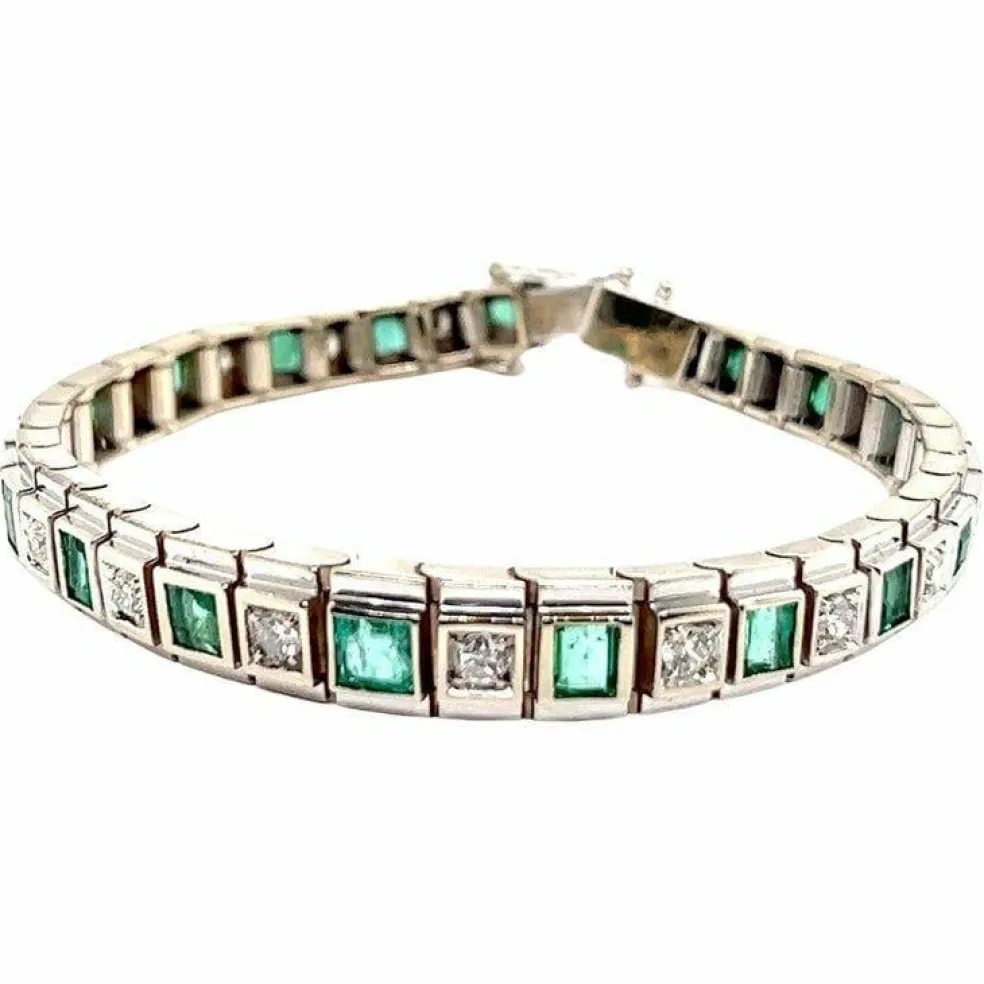 Bracelet Art-déco Or blanc Diamants Emeraudes
