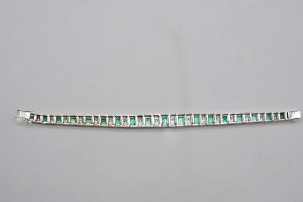 Bracelet Art-déco Or blanc Diamants Emeraudes