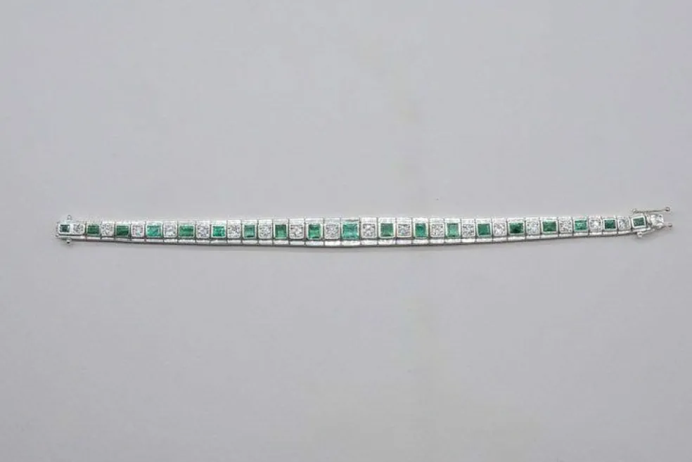 Bracelet Art-déco Or blanc Diamants Emeraudes