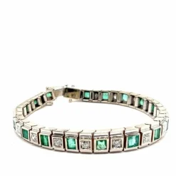 Bracelet Art-déco Or blanc Diamants Emeraudes