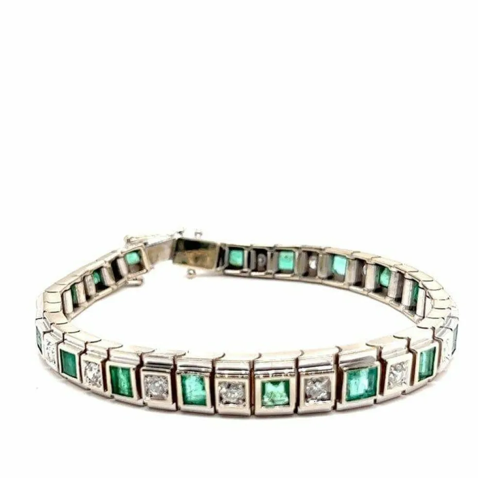Bracelet Art-déco Or blanc Diamants Emeraudes