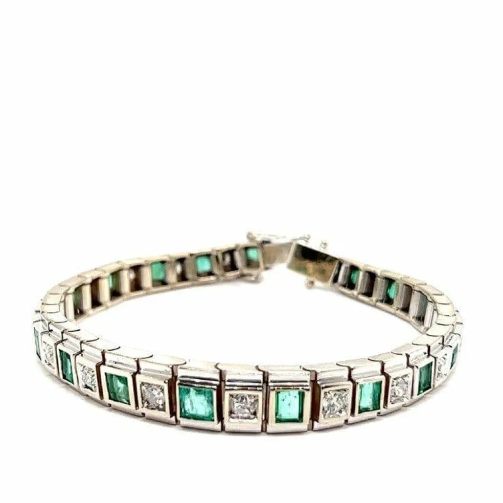 Bracelet Art-déco Or blanc Diamants Emeraudes