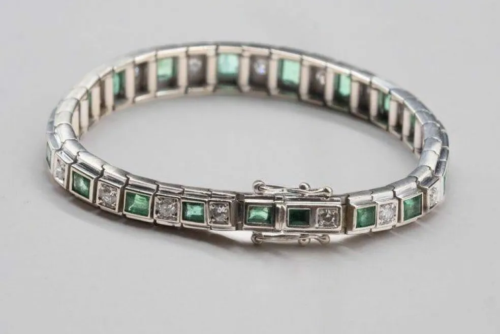 Bracelet Art-déco Or blanc Diamants Emeraudes
