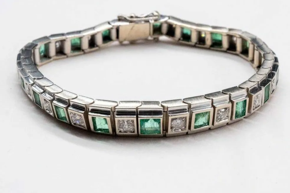Bracelet Art-déco Or blanc Diamants Emeraudes