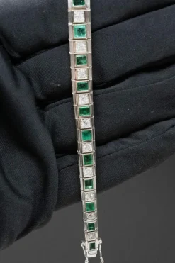 Bracelet Art-déco Or blanc Diamants Emeraudes