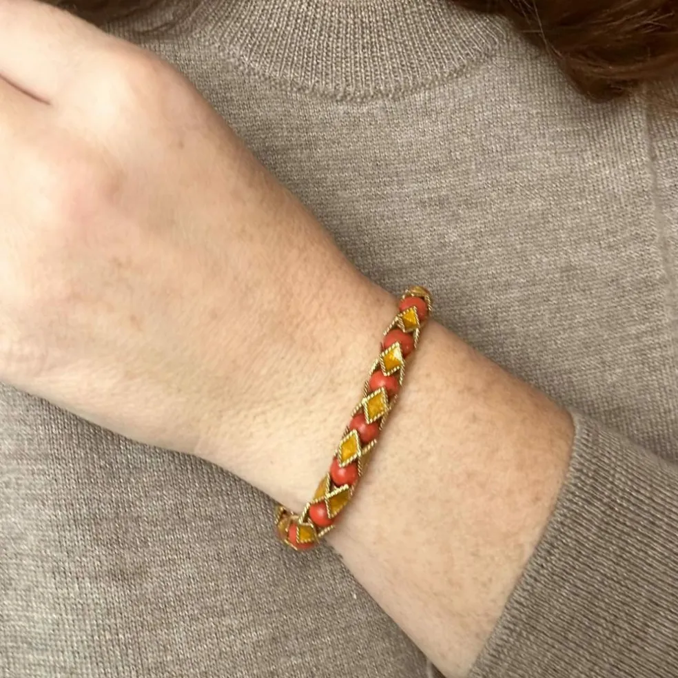 Bracelet articulé arlequin Or jaune Email Corail