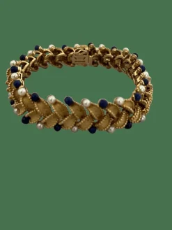 Bracelet Articulé Feuillages Or Jaune Perles Lapis Lazuli