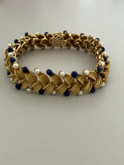 Bracelet Articulé Feuillages Or Jaune Perles Lapis Lazuli