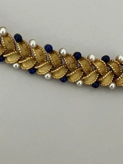 Bracelet Articulé Feuillages Or Jaune Perles Lapis Lazuli
