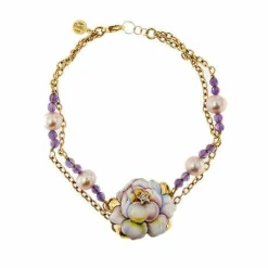 Bracelet avec fleur émaillée, diamant, améthystes et perles