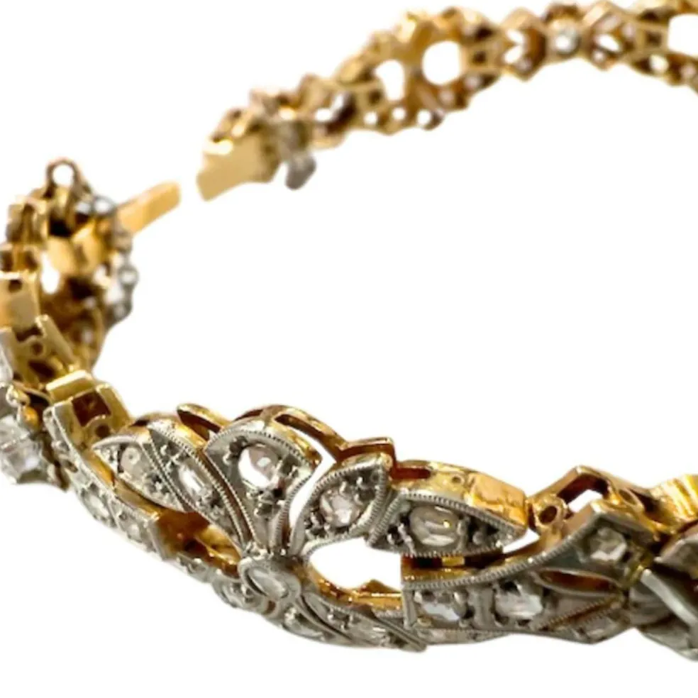 Bracelet design Art Déco en or jaune et platine avec diamants
