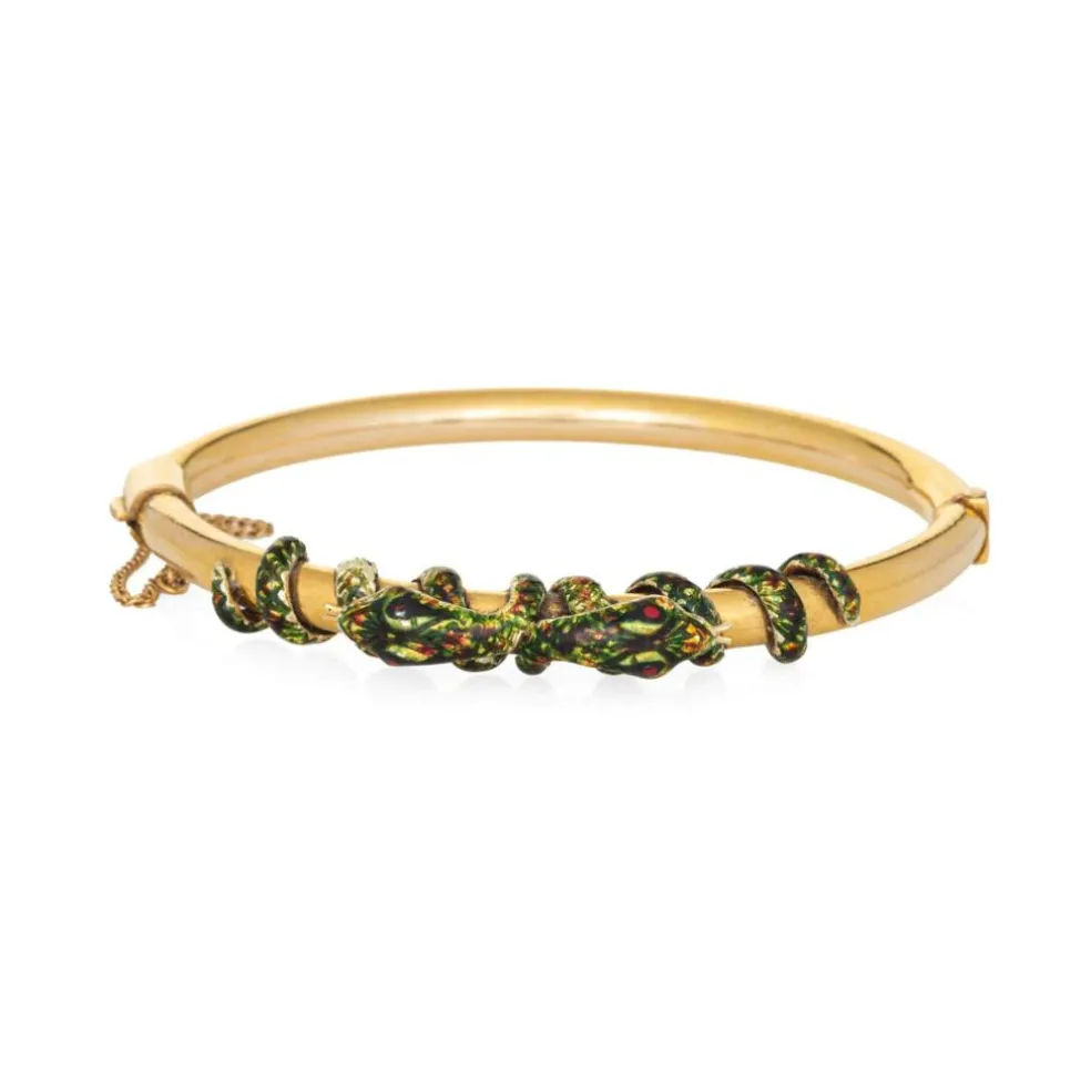 Bracelet double serpent antique victorien en émail enroulé et or jaune