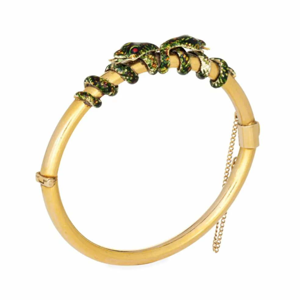 Bracelet double serpent antique victorien en émail enroulé et or jaune