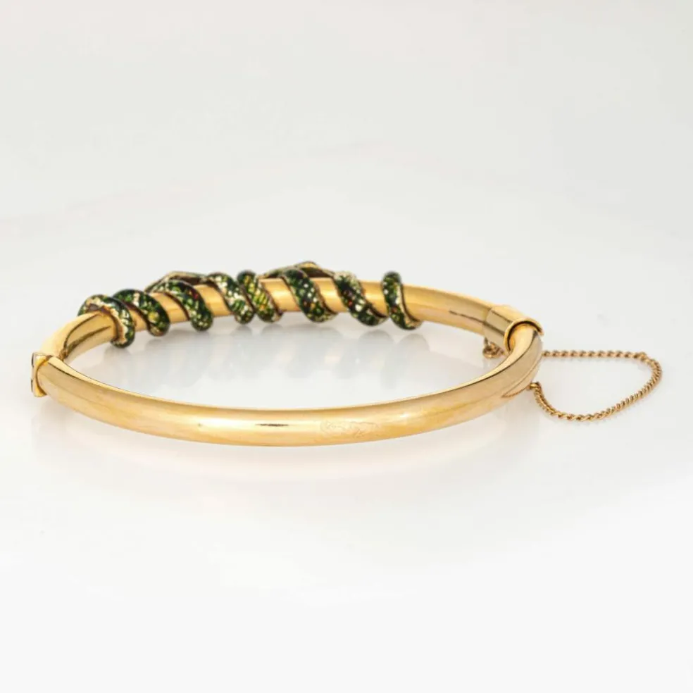 Bracelet double serpent antique victorien en émail enroulé et or jaune