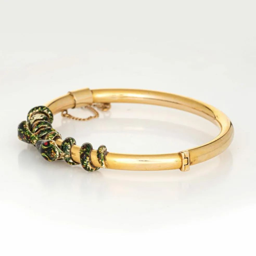 Bracelet double serpent antique victorien en émail enroulé et or jaune