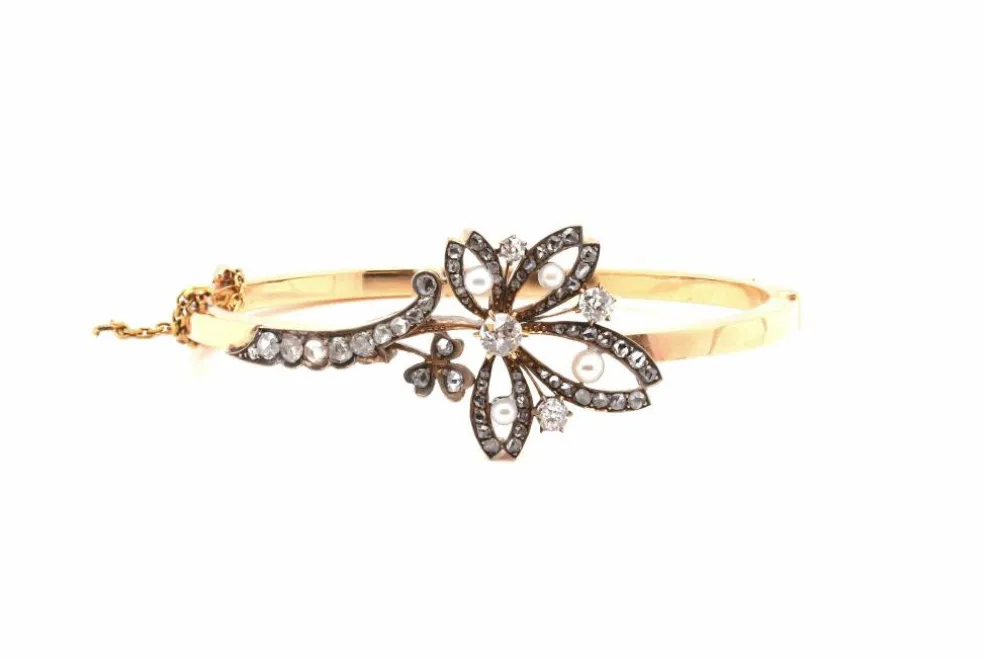 Bracelet 19e Or jaune Argent Diamant Perles fines