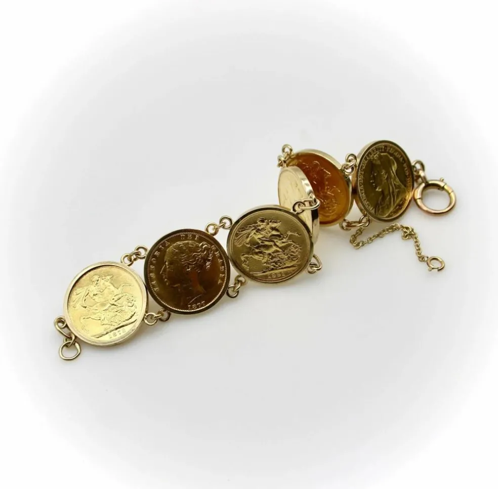 Bracelet en or 22 carats avec pièces souveraines britanniques de la reine Victoria