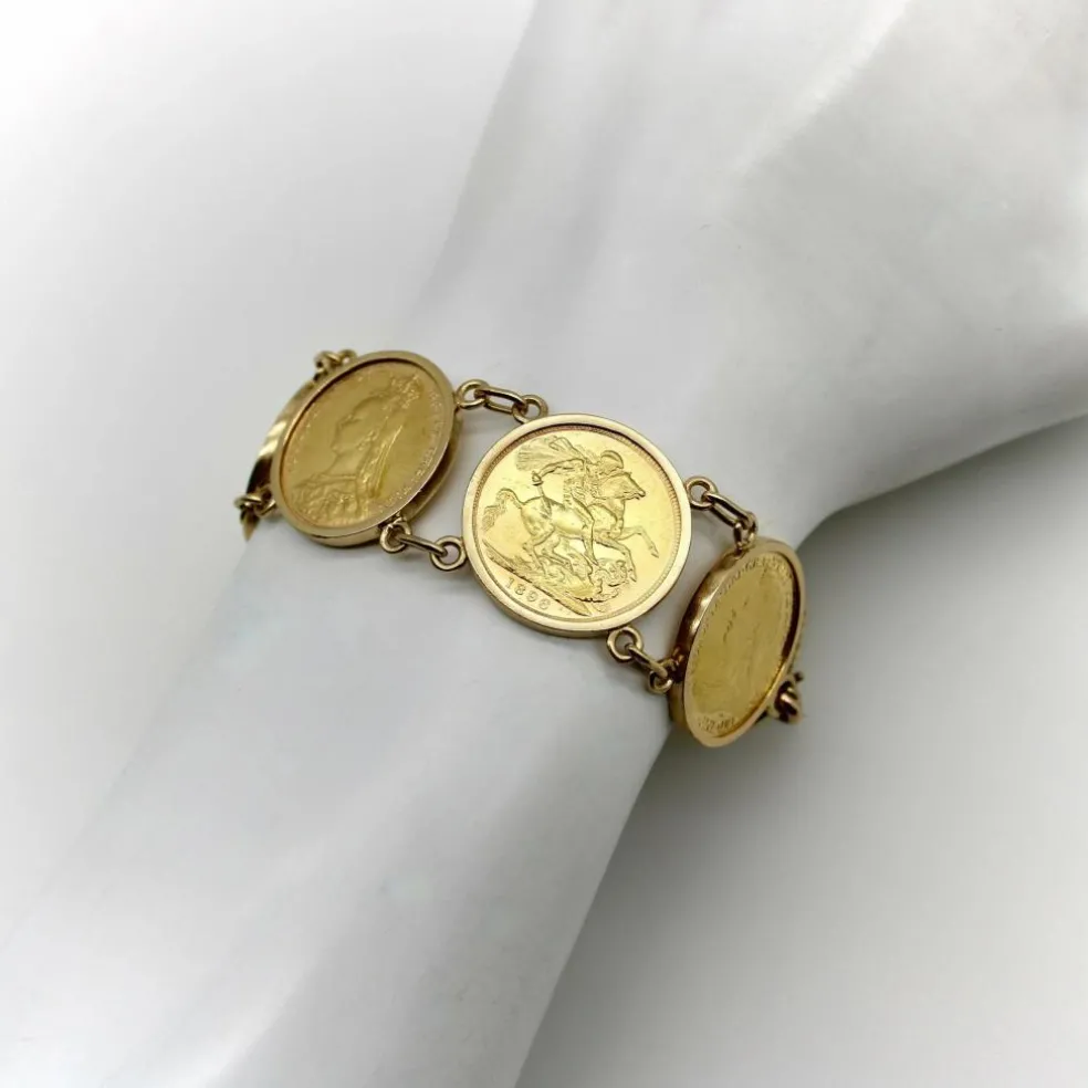 Bracelet en or 22 carats avec pièces souveraines britanniques de la reine Victoria