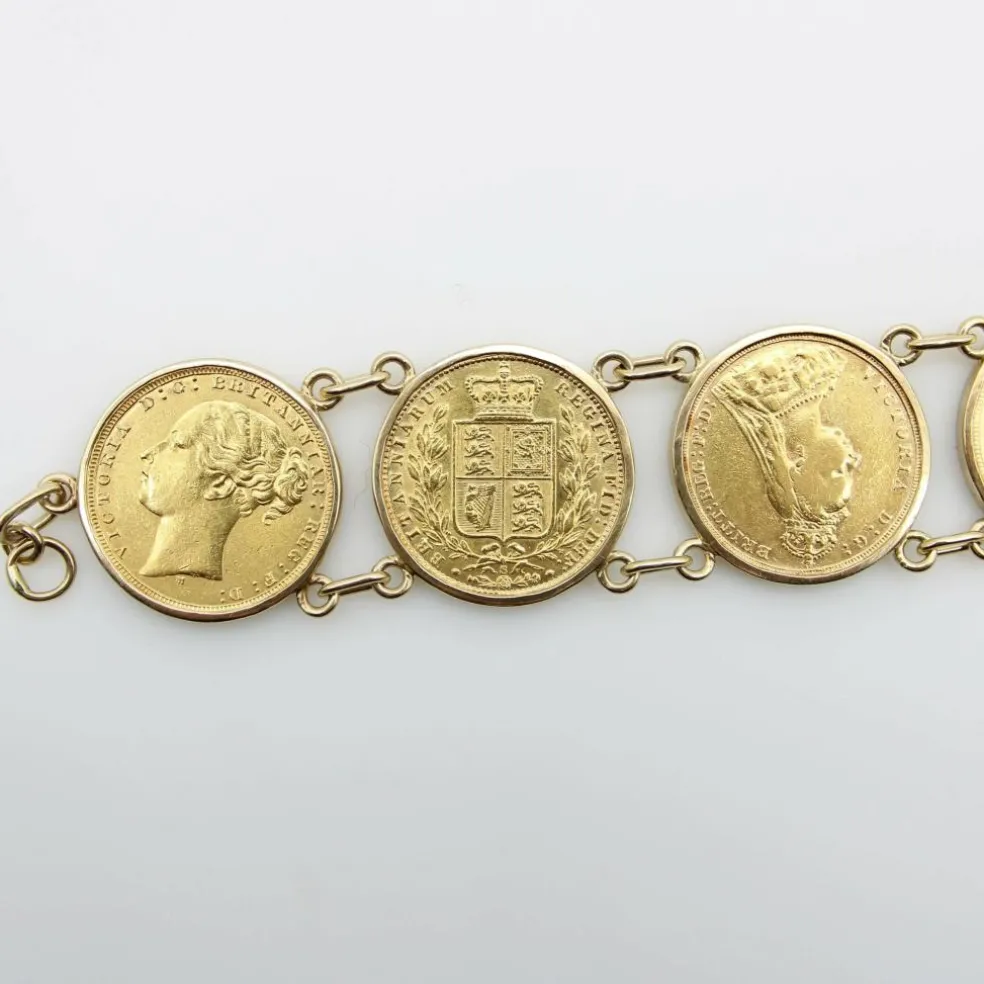 Bracelet en or 22 carats avec pièces souveraines britanniques de la reine Victoria