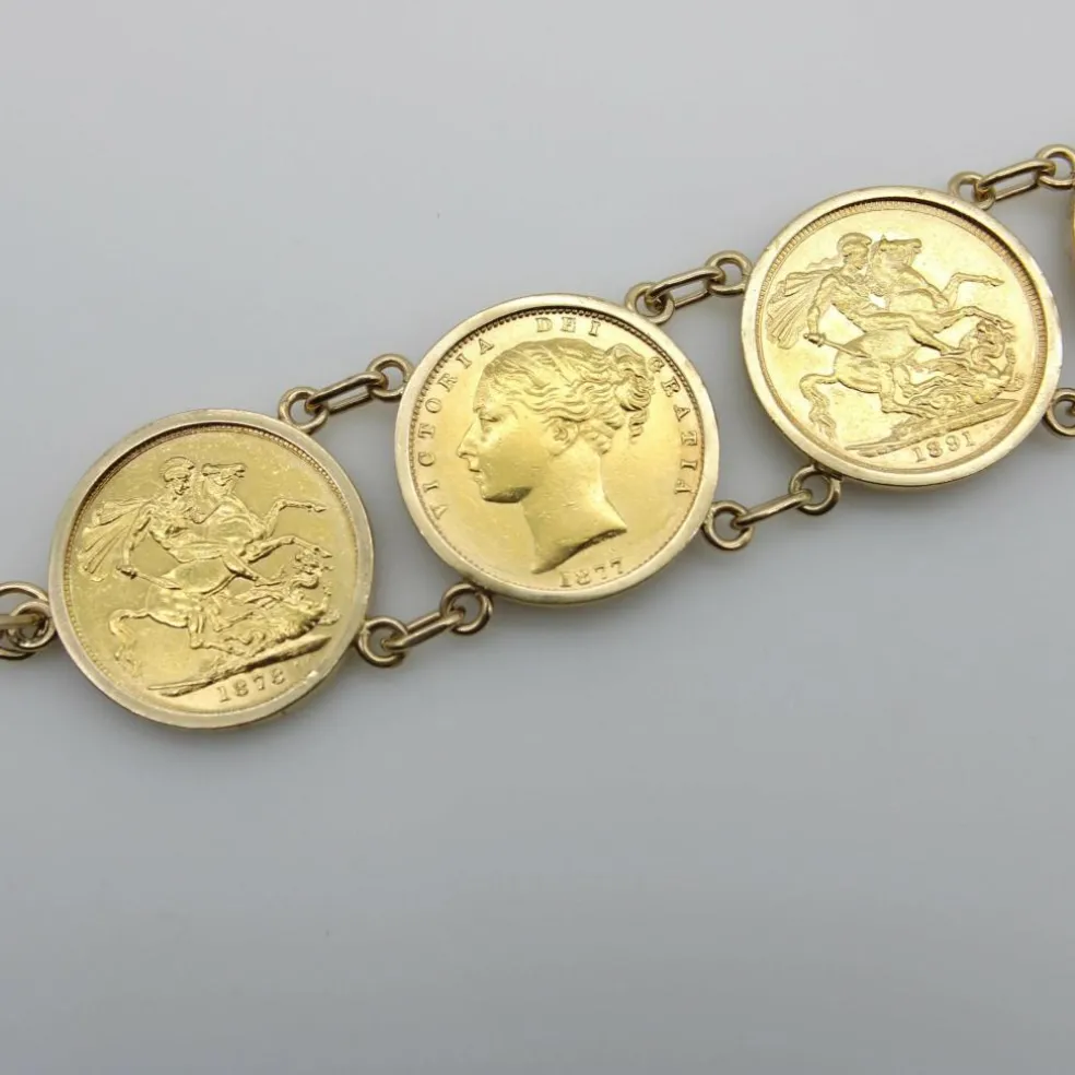 Bracelet en or 22 carats avec pièces souveraines britanniques de la reine Victoria