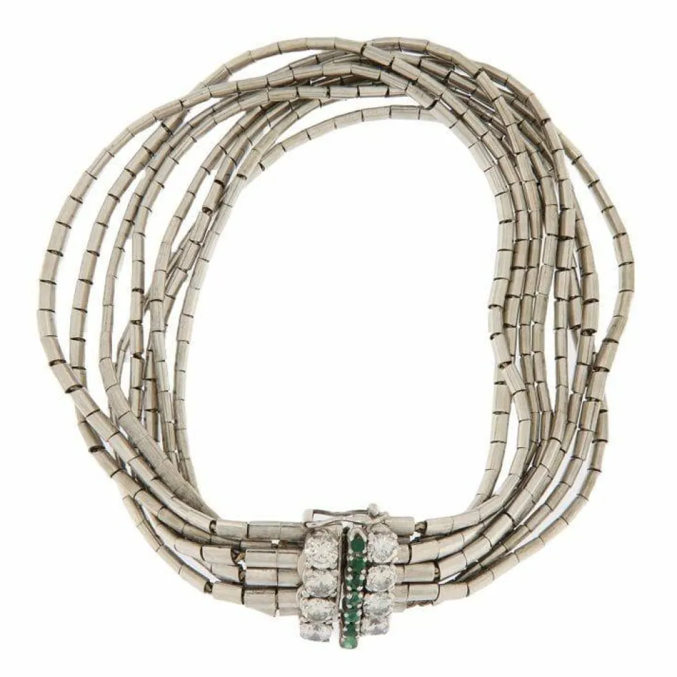Bracelet en or blanc diamants, émeraude