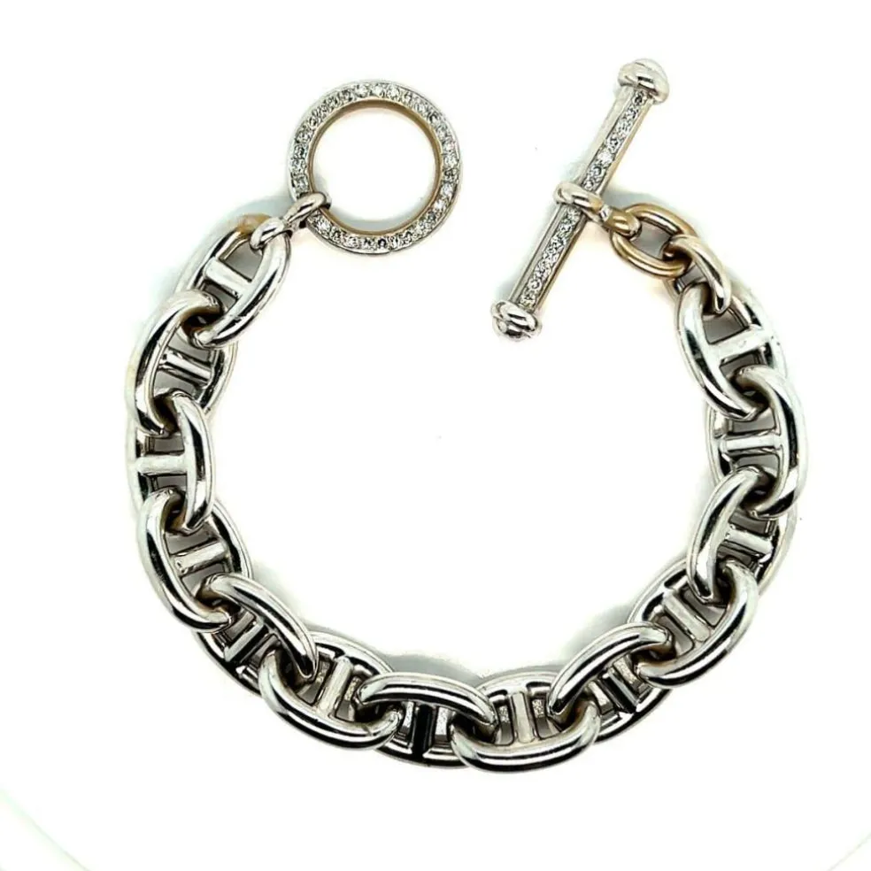 Bracelet en or blanc, Maille "Marine", Fermoir "Bâtonnet", Pavé de Diamants