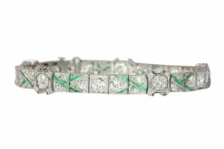 Bracelet en platine des années 1920 avec diamants et émeraudes