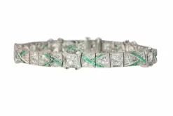 Bracelet en platine des années 1920 avec diamants et émeraudes