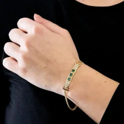 Bracelet Gourmette Or Jaune, Émeraudes et Diamants