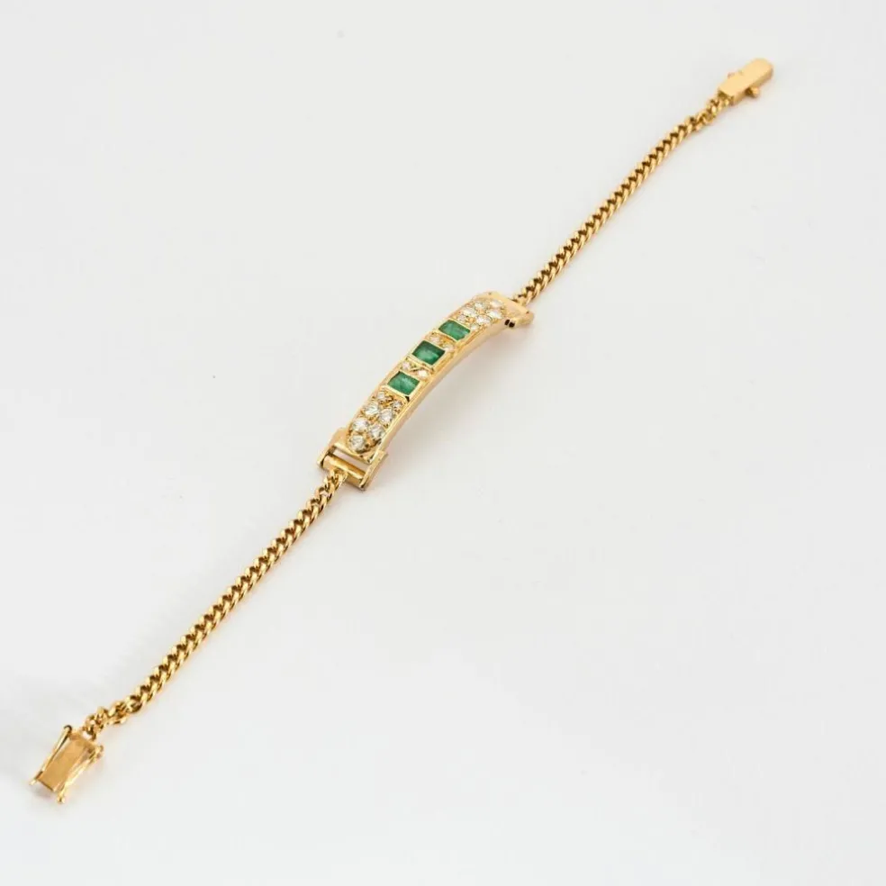 Bracelet Gourmette Or Jaune, Émeraudes et Diamants