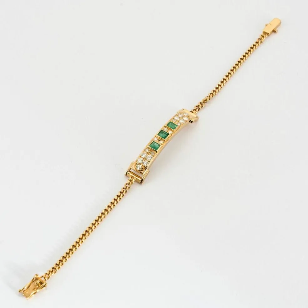 Bracelet Gourmette Or Jaune, Émeraudes et Diamants