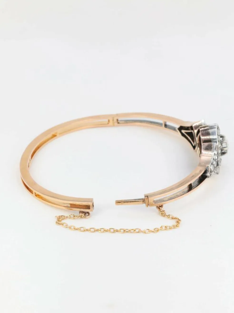 Bracelet jonc ancien, or rose, argent et diamants