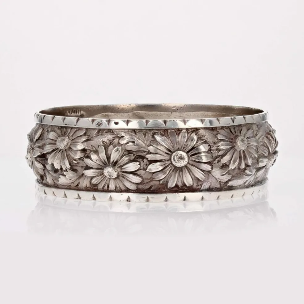 Bracelet jonc argent gravures fleurs