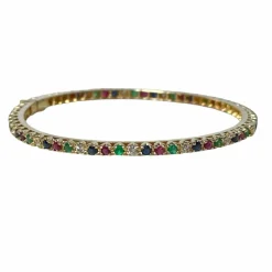 Bracelet jonc or jaune, diamants, saphirs, rubis